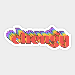 Slang meme: cheugy (bright rainbow repeated letters) Sticker